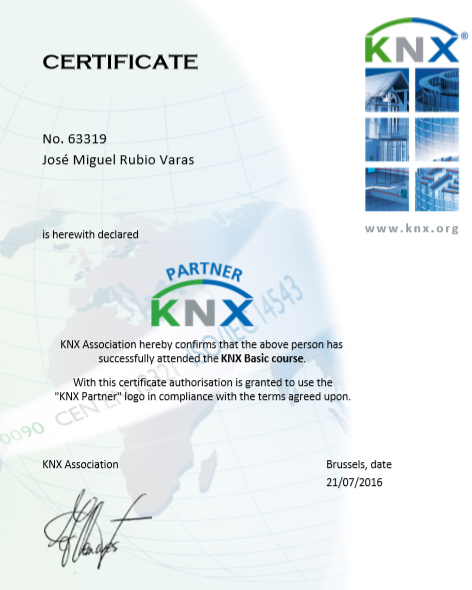 Imagen 2016 KNX Partner nº 63319, KNX Advaced y KNX Tutor